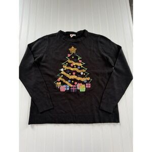 Women's Dari Christmas Sweater Large Black Sequin Tree Holiday‎
